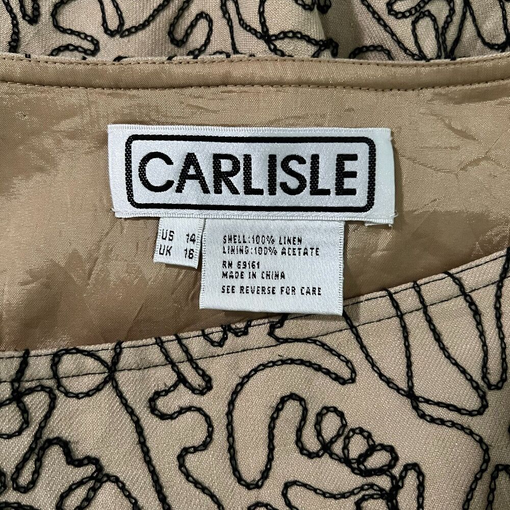 Vintage Carlisle Embroidered Line Art Linen A Line Beige Midi Skirt Size 14 - Picture 8 of 11
